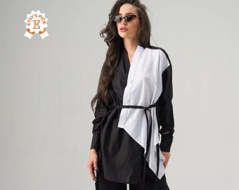 Extravagamt Color Block Asymmetric Shirt, Wrap Around Cotton or Linen Kimono Style Top, Button Up Japanese Blouse Shirt, Black & White Top
