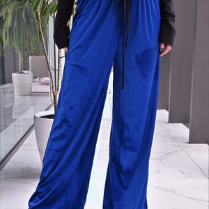 NEW Cobalt Blue Velvet Flared Pants, Wide Leg Palazzo Pants, Comfy Elastic Waist Pants, Loose Fitting Trouser Pants, Chic Minimalist Pants image 4