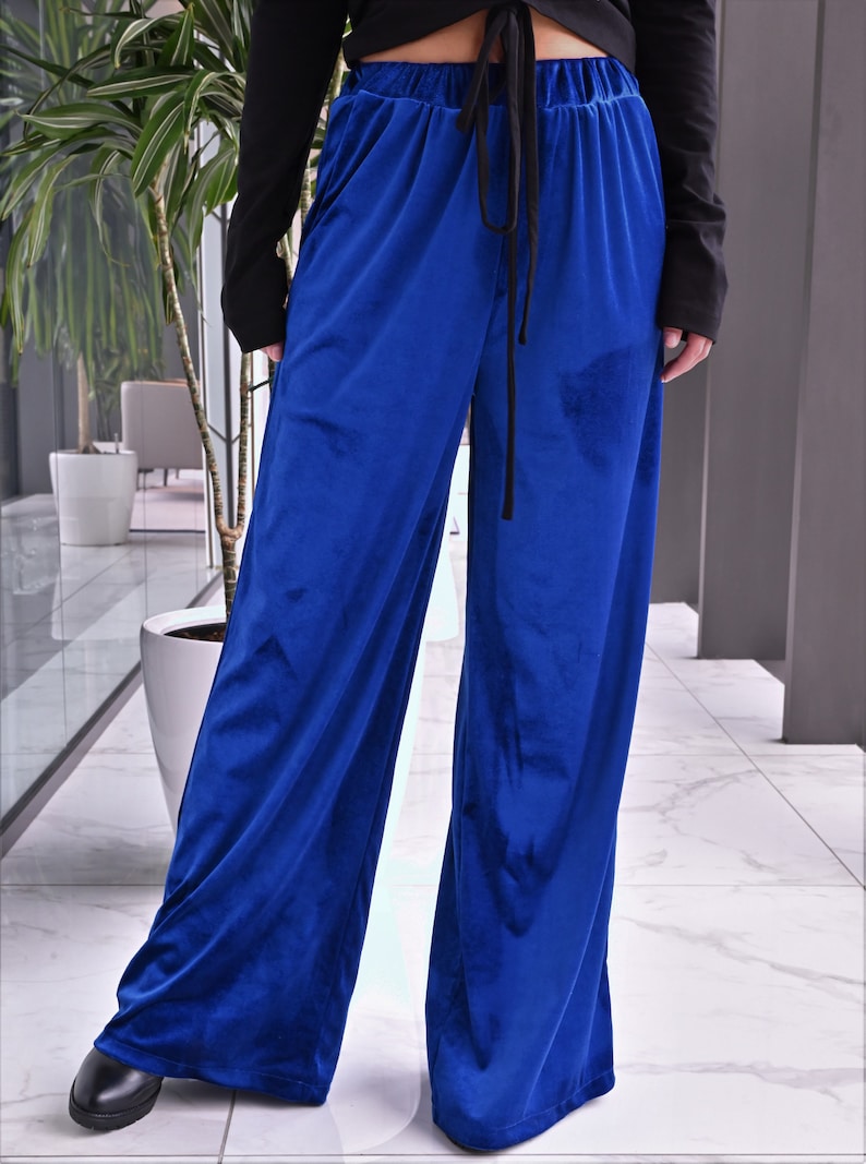 NEW Cobalt Blue Velvet Flared Pants, Wide Leg Palazzo Pants, Comfy Elastic Waist Pants, Loose Fitting Trouser Pants, Chic Minimalist Pants image 4