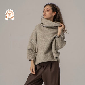 Textured Boiled Wool Sweater, Minimalist Oversized Pullover, Funnel Neck Winter Blouse, Norwegian Vintage Inspired Sweater, Elegant Sweater