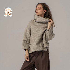 Textured Boiled Wool Sweater, Minimalist Oversized Pullover, Funnel Neck Winter Blouse, Norwegian Vintage Inspired Sweater, Elegant Sweater