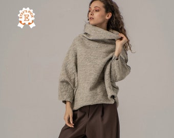 Textured Boiled Wool Sweater, Minimalist Oversized Pullover, Funnel Neck Winter Blouse, Norwegian Vintage Inspired Sweater, Vintage Sweater