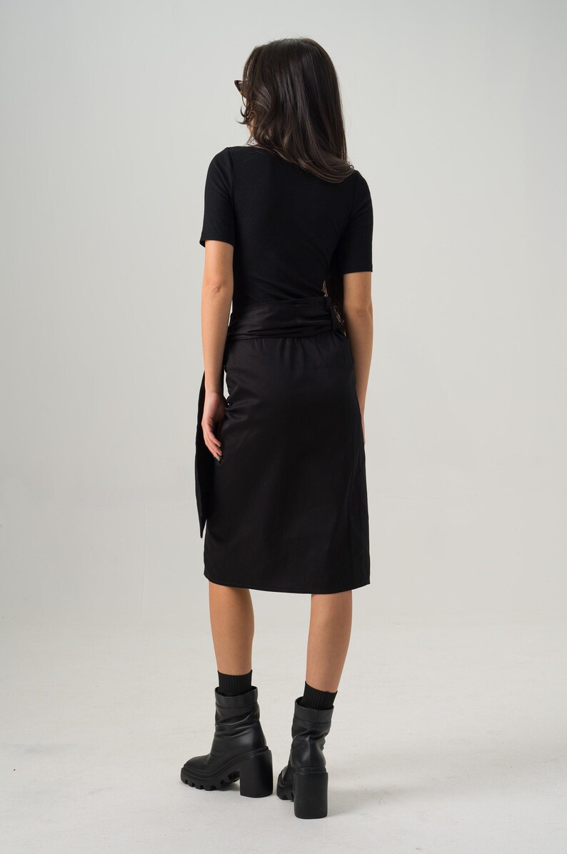 Midi Wrap Skirt, Black Goth Winter Skirt, Cotton Clothing for Ladies, Soft Midi Fitted Skirt, Split Cotton Skirt, Elegant Pencil Skirt image 7