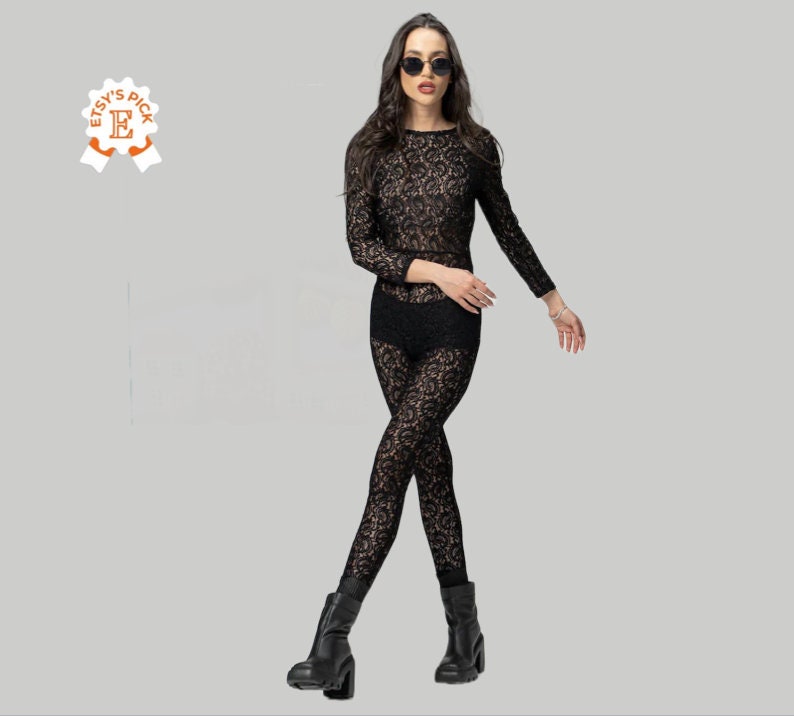 See-Through Black Lace Maxi Bodysuit, Full Length Body-Fitted Catsuit with Open Back, Festival Outfit for Women, Fashion Statement Apparel image 1