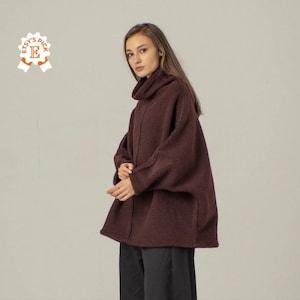 Nordic Style Wool Sweater, Extravagant Turtleneck Sweater, Brown Burgundy Pullover, Wide Collared Boiled Wool Sweater, Elegant Minimal Top