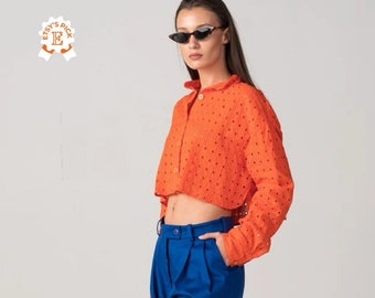 Cotton Lace Vivid Orange Playful Shirt, Button Up Cropped Top, Extravagant Colorful Shirt with Collar, Textured Voluminous Short Top