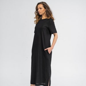 Robe dinvité de mariage, robe midi droite, robe longue noire, robe de fête en lin, robe chemise boho, robe taille plus, robe dété décontractée image 4