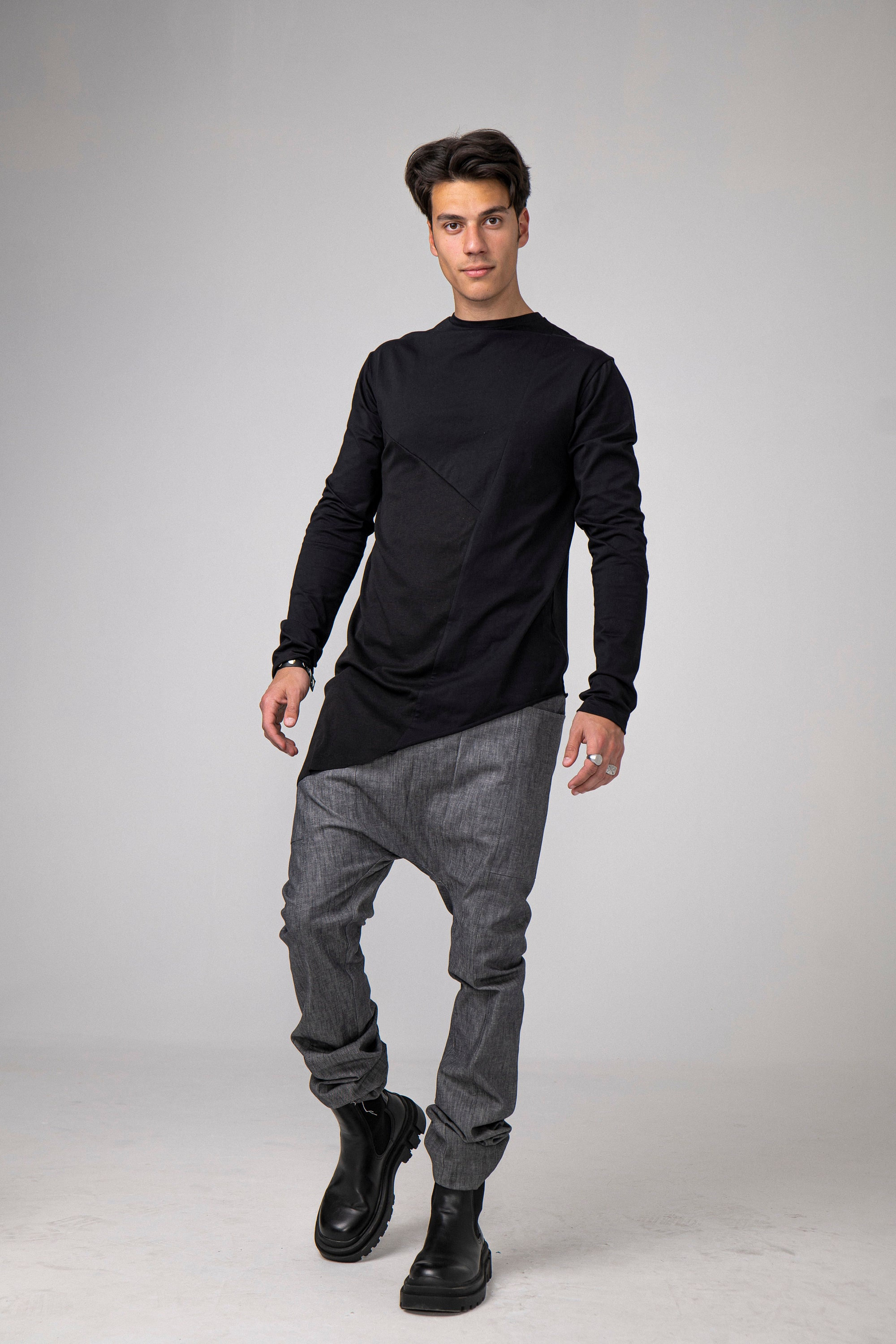 Asymetric T-shirt With Long Sleeves, Cotton Jersey Top for Men