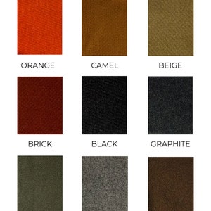 May include: Swatch card showing 9 different fabric colors: orange, camel, beige, brick, black, graphite, dark green, gray, and brown. The card also includes the text "L'EICN&Eacute;CRA CASUAL" and "COMPOSITION: 90% Wool 10% Acrylic".