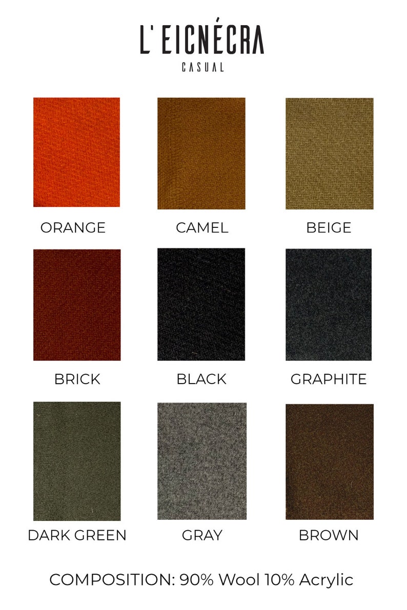 May include: Swatch card showing 9 different fabric colors: orange, camel, beige, brick, black, graphite, dark green, gray, and brown. The card also includes the text "L'EICN&Eacute;CRA CASUAL" and "COMPOSITION: 90% Wool 10% Acrylic".