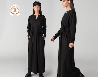 Modest Full Length Gathered Dress, Ladies Draped Black Dress, Dark Academia Dress, Winter Festive Long Dress, Maxi New Year's Eve Outfit