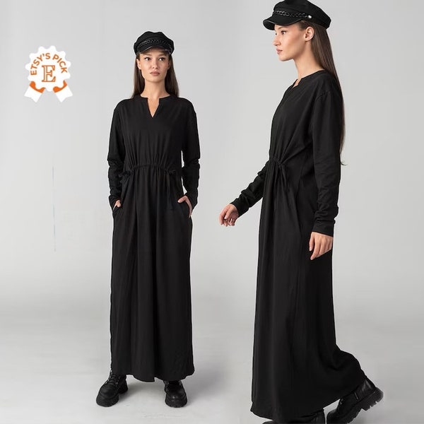 Robe longue froncée modeste, robe noire drapée pour femme, robe universitaire sombre, robe longue de fête d'hiver, tenue longue de Saint-Sylvestre
