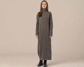 Vestido de lana gris, cómodo vestido de invierno hasta los tobillos, vestido túnica largo de cuello alto, vestido de punto holgado de inspiración vintage, vestido abrigado y modesto.
