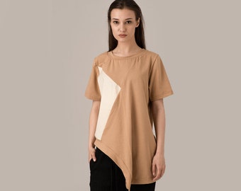 Comfy Geometric T-Shirt Top, Plus Size Cotton Top for Women, Casual Asymmetric T-Shirt, Summer Streetwear Clothing, Modern Avantgarde Shirt