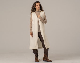 Gilet d’hiver en laine bouillie, gilet long en cardigan en ivoire, cardigan pull sans manches, gilet de déclaration en laine, gilet de cardigan avant ouvert