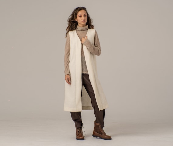Boiled Wool Winter Vest, Long Ivory Cardigan Vest, Sleeveless