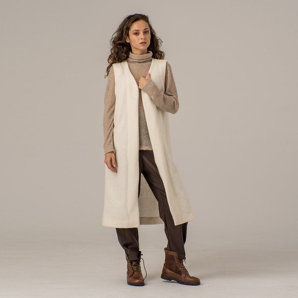 Gilet d’hiver en laine bouillie, gilet long en cardigan en ivoire, cardigan pull sans manches, gilet de déclaration en laine, gilet de cardigan avant ouvert