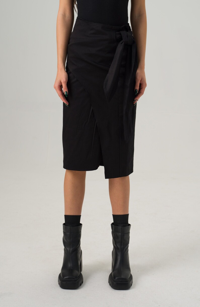Midi Wrap Skirt, Black Goth Winter Skirt, Cotton Clothing for Ladies, Soft Midi Fitted Skirt, Split Cotton Skirt, Elegant Pencil Skirt image 5