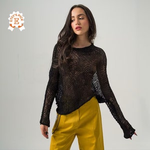 Hand Knit Extravagant Pullover, Asymmetric See Through Sweater, Stylish Cotton Tunic Top, Oversized Knitted Net Sweater, Slouchy Pullover