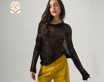 Hand Knit Extravagant Pullover, Asymmetric See Through Sweater, Stylish Cotton Tunic Top, Oversized Knitted Net Sweater, Slouchy Pullover