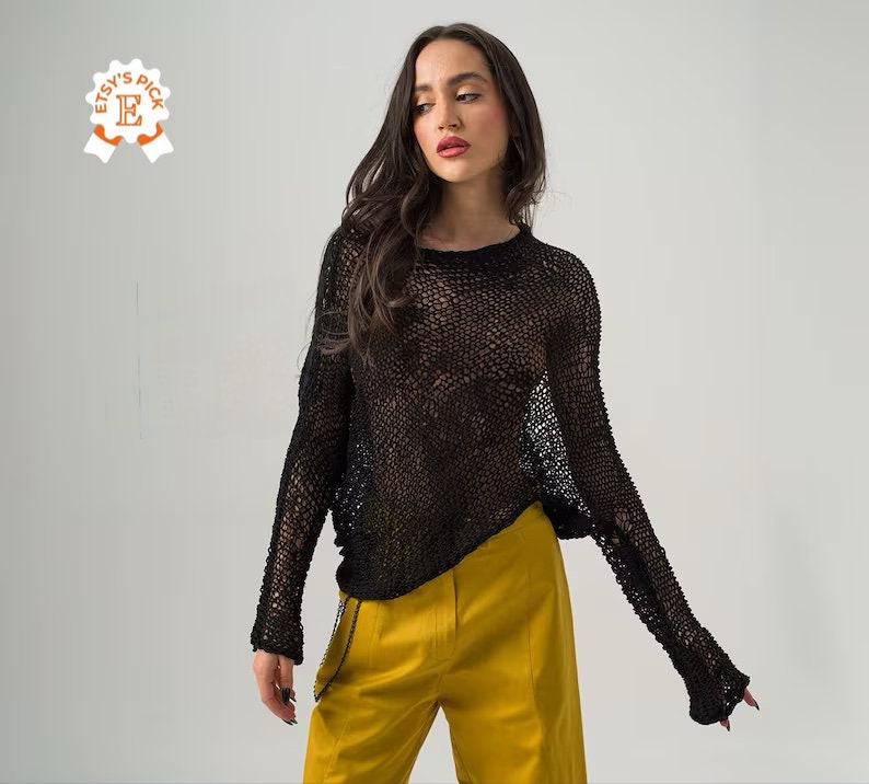 Hand Knit Extravagant Pullover, Asymmetric See Through Sweater, Stylish Cotton Tunic Top, Oversized Knitted Net Sweater, Slouchy Pullover image 1