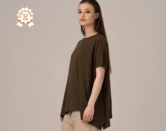 Haut asymétrique, chemisier décontracté, tunique trapèze en coton, haut grande taille, tunique fluide, poncho d'été pour femmes, t-shirt doux, chemisier en coton