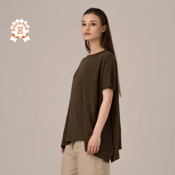 Asymmetrical Top, Casual Tee Blouse, A-Line Cotton Tunic, Plus Size Top, Flowy Tunic, Summer Poncho Women, Soft Tee Top, Cotton Blouse