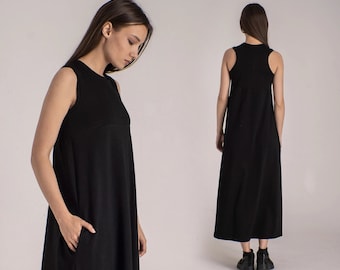 Simple Feminine Cotton Dress, Maxi Black Kaftan, Asymmetric Racerback Dress, Long Goth Dress, Free Silhouette Dress, Summer Caftan Women