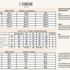 May include: Size chart for men's clothing in both centimeters and inches. The chart includes measurements for bust, waist, and hips. The chart also includes international sizing conversions for EU/DE/DK, UK, FR, US, IT, and Japan.