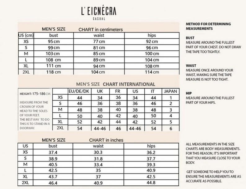 May include: Size chart for men's clothing in both centimeters and inches. The chart includes measurements for bust, waist, and hips. The chart also includes international sizing conversions for EU/DE/DK, UK, FR, US, IT, and Japan.