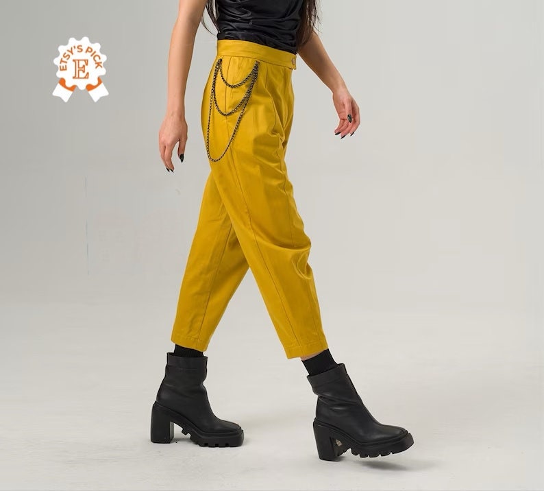 High Waisted Bold Yellow Cigarette Pants, Cropped Tapered Pants with Waist Chain, Minimalist Fitted Capri Pants, Balloon Style Trousers