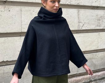 Nordic Style Wool Sweater, Extravagant Turtleneck Sweater, Brown Burgundy Pullover, Wide Collared Boiled Wool Sweater, Elegant Minimal Top