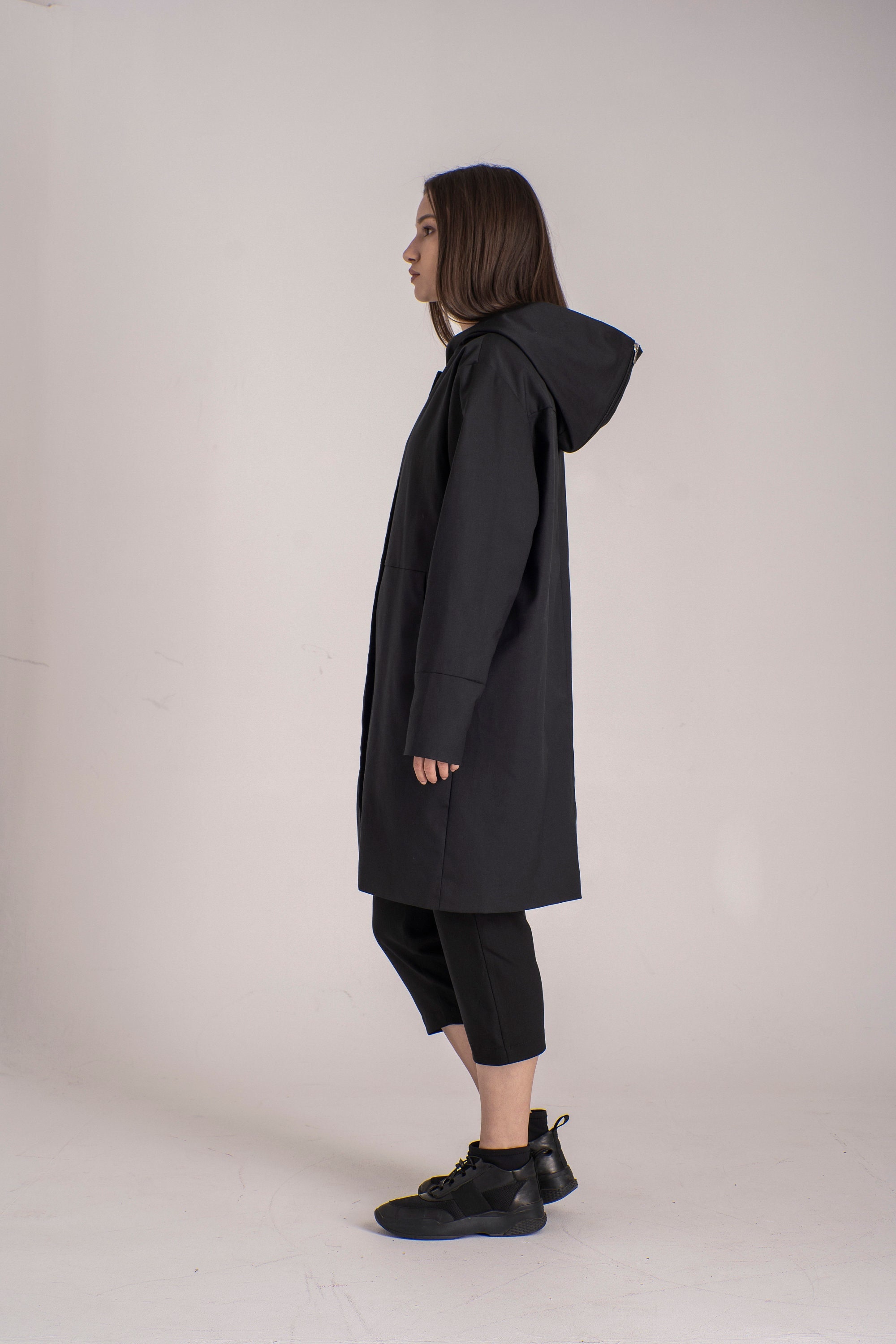 Transforming Big Hood Trench Coat, Zipper Open Collar Jacket