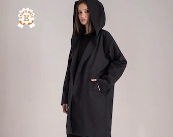 Transforming Big Hood Trench Coat, Zipper Open Collar Jacket, Fairycore Hooded Hoodie, Black Gothic Overcoat, Long Lagenlook Cardigan Coat