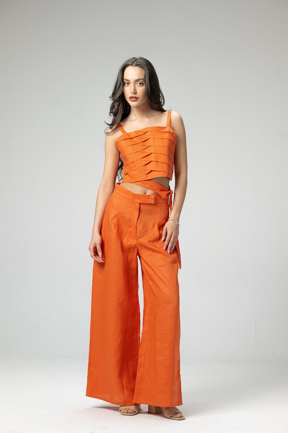 Japanese Inspired 2-Piece Linen Set Outfit - Braided Crop Top & High-Waisted Palazzo Pants, Summer Ladies Pants Set, Cozy Linen Beach Suit