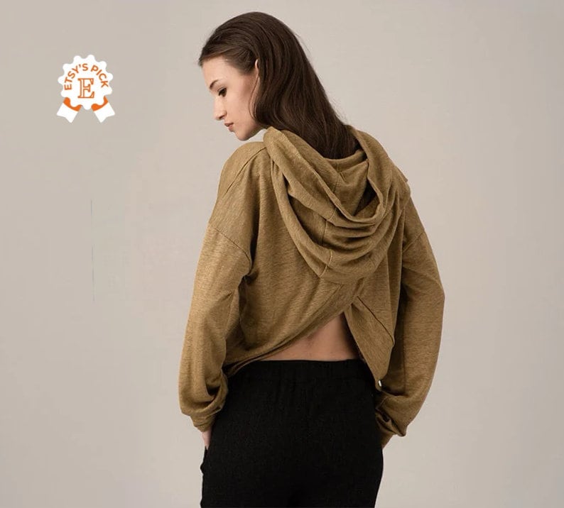 Minimalist Linen Blend Hoodie, Open Back Cropped Sweatshirt