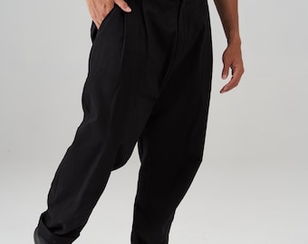 NEW IN STORE Men Drop Crotch Cotton Pants, Everyday Casual Baggy Trousers,  Black Japanese Style Pants, Extravagant Avantgarde Men Trousers