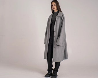 Mantel aus Wolle mit Knöpfen & Taschen, Lange Oversized Winterjacke, Minimalistischer moderner Wollmantel, Breiter grobstrick Mantel für Damen
