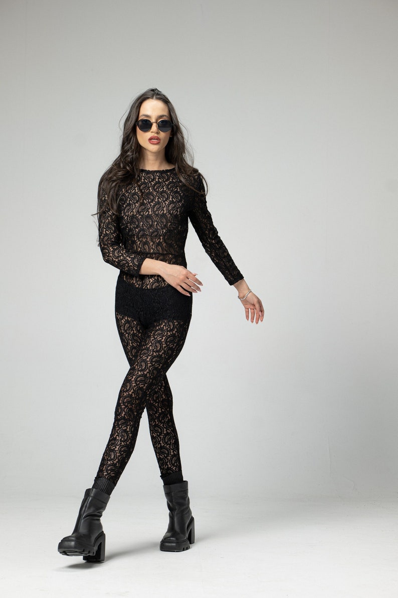 See-Through Black Lace Maxi Bodysuit, Full Length Body-Fitted Catsuit with Open Back, Festival Outfit for Women, Fashion Statement Apparel image 3