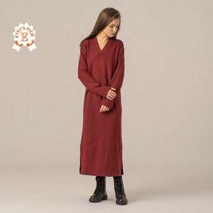 Sour Cherry Red Wool Winter Dress, Long Christmas Dress Outfit, Maxi Loose Knit Dress, Woolen Ladies Dress, Elegant Side Slit Sweater Dress