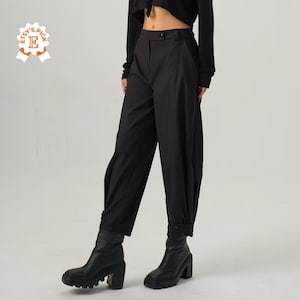Designer Side-Pleated Leg Pants, Buttoned Tapered Cotton Trousers, Avant Garde Formal Pants, Dark Academia Maxi Baggy Pants, Gathered Pants
