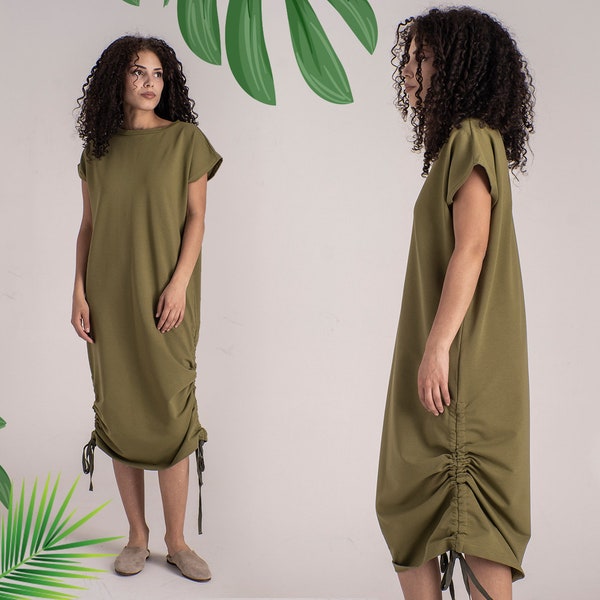 Robe d’été quotidienne en vert olive - Robe réglable, robe longue tunique en coton, robe streetwear, caftan militaire, robe de plage, robe jersey