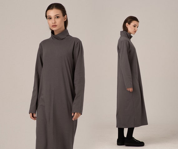 Casual Tunic Dress with High Neck Casual Tunic Dress With High Neck, Comfy Maxi Gray Dress, Long Turtleneck  Dress, Maxi Avantgarde Tunic Dress, Simple Modest Kaftan Dress - Etsy
