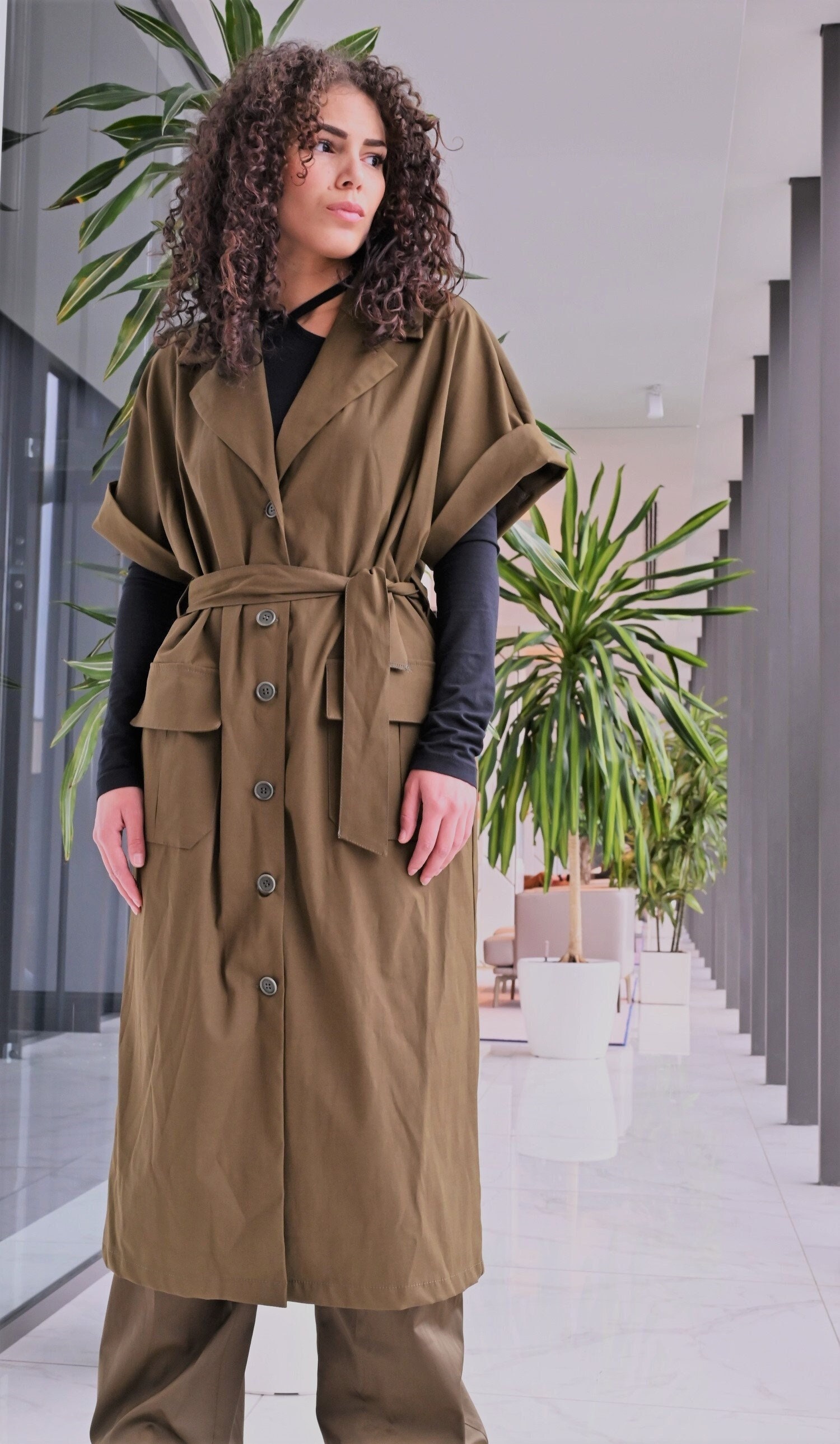 Japanese-inspired Khaki Green Trench Coat, Unique Satin Cotton