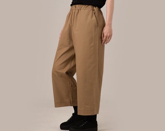 Straight Leg Beige Pants, Cropped Wide Cotton Pants, Custom Oversized Pants, Elastic Waist Pants, Baggy Trouser Pants, Minimal Bootcut Pants