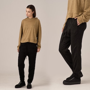 Waistband Comfortable Pants, Black Jogger Pants, Straight Line Pants with Drawstrings, Low Crotch Home Pants, Stretchy Cotton Trouser Pants