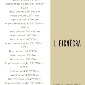 May include: Size chart for clothing with bust, waist, hip, and approximate height measurements in inches and centimeters. The chart includes sizes XS, S, M, L, XL, and XXL. The model is wearing size M and is 5'9"/170 cm tall. The text "L'EICN&Eacute;CRA" is visible in the image.