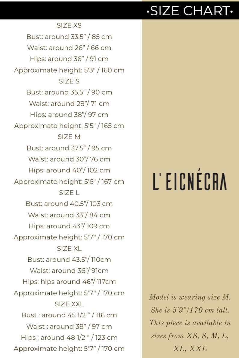 May include: Size chart for clothing with bust, waist, hip, and approximate height measurements in inches and centimeters. The chart includes sizes XS, S, M, L, XL, and XXL. The model is wearing size M and is 5'9"/170 cm tall. The text "L'EICN&Eacute;CRA" is visible in the image.