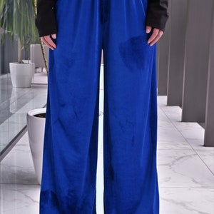 NEW Cobalt Blue Velvet Flared Pants, Wide Leg Palazzo Pants, Comfy Elastic Waist Pants, Loose Fitting Trouser Pants, Chic Minimalist Pants image 5