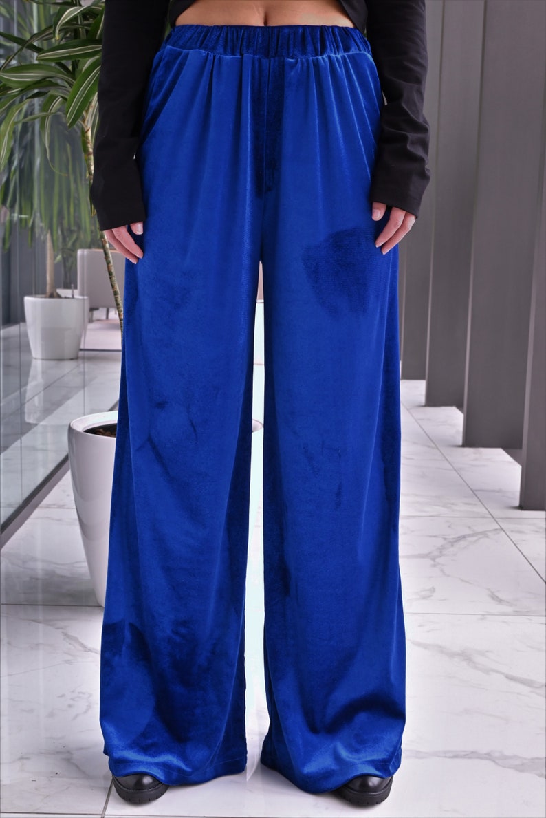 NEW Cobalt Blue Velvet Flared Pants, Wide Leg Palazzo Pants, Comfy Elastic Waist Pants, Loose Fitting Trouser Pants, Chic Minimalist Pants image 5